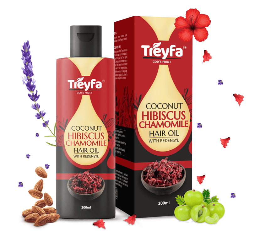 Treyfa Coconut Hibiscus chamomile hair oil for hair deep conditioning, hair nourishment and intense hair care
