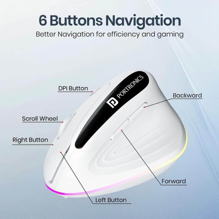 Portronics Toad Ergo 3 Ergonomic Wireless Mouse with RGB, 2400 DPI, Dual Mode BT & 2.4GHz Connectivity, Rechargeable Battery, 6 Buttons, Adjustable DPI, Silent Clicks view 3