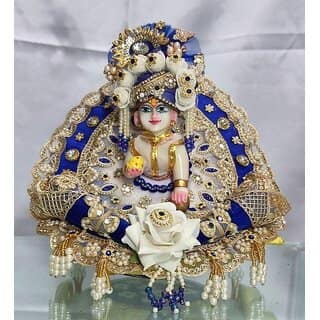 Handcrafted Royal Blue Laddu Gopal Dress | Heavy Zardosi & Pearl Poshak for Krishna Statue