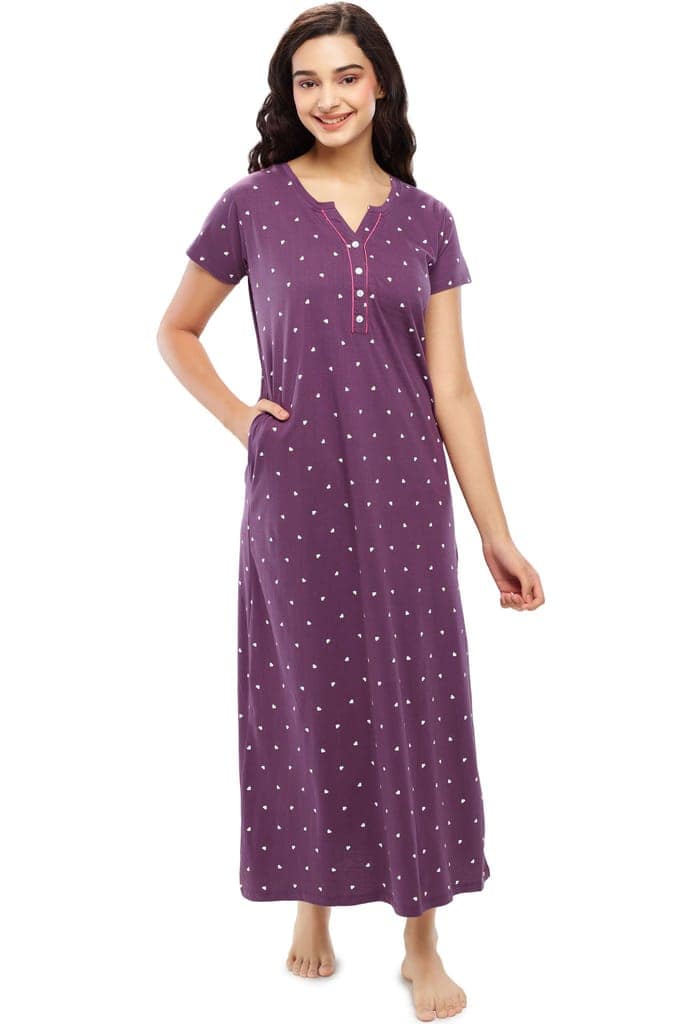 ZEYO Womens Cotton Blue Heart Printed Stylish Maxi Night Dress Nighty view 5