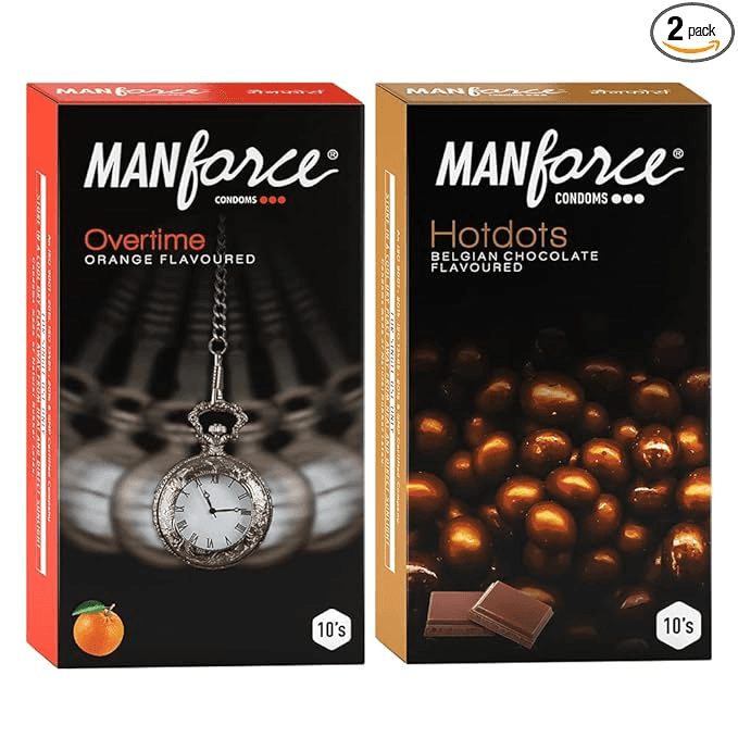 MANFORCE Premium Hotdots Belgian Chocolate with Bigger Dots & Overtime Orange 3in1 (Ribbed Contour Dotted) Condoms - 10s (Pack of 2) Condom (Set of 2 20 Sheets)