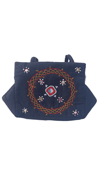 Embroidered Cotton Sling Bag with Mirror Work and Red Accents