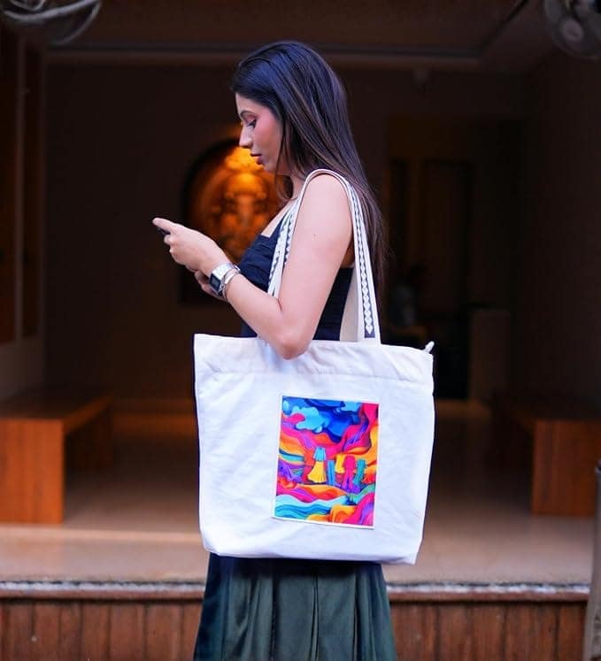 WOTM On The Move Tote | Premium Printed Cotton Canvas Tote Bag with Zipper & Inside Pocket, Stylish Everyday Travel Bag for Work, College, Office, Travel, Shopping view 3