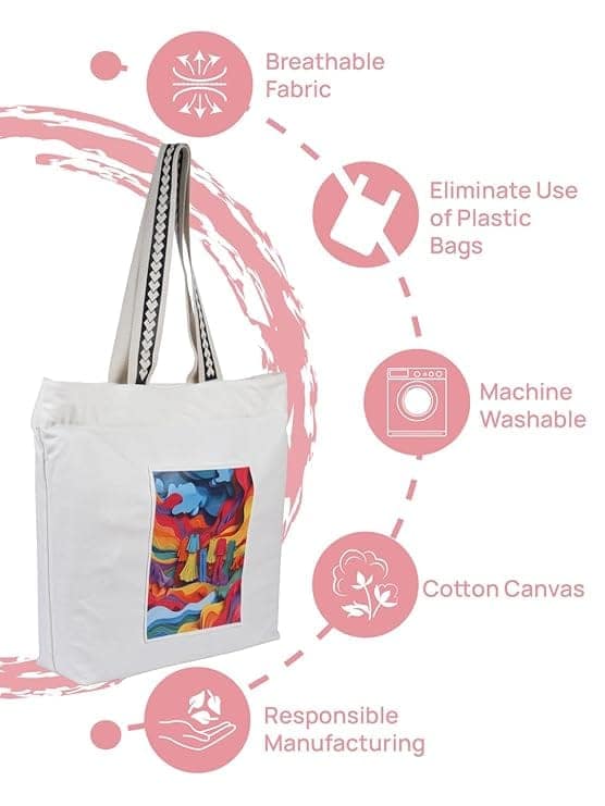 WOTM On The Move Tote | Premium Printed Cotton Canvas Tote Bag with Zipper & Inside Pocket, Stylish Everyday Travel Bag for Work, College, Office, Travel, Shopping view 5