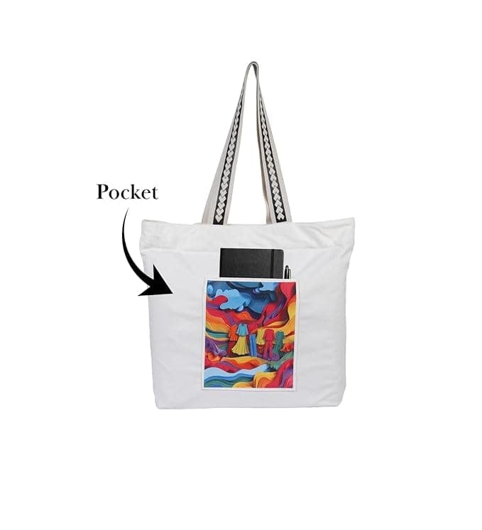 WOTM On The Move Tote | Premium Printed Cotton Canvas Tote Bag with Zipper & Inside Pocket, Stylish Everyday Travel Bag for Work, College, Office, Travel, Shopping view 6