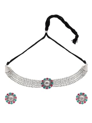 Cardinal Oxidized Silver Color Multicolor Stone Choker Necklace Set