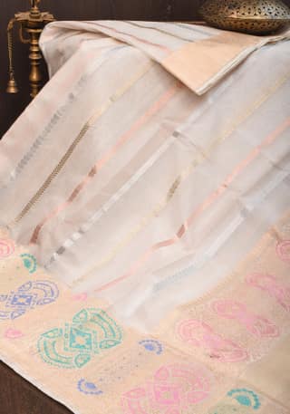 Exquisite Ivory Vertical Zari Stripes Banarasi Pure Silk Organza Saree With Meenakari Floral Border | SILK MARK CERTIFIED