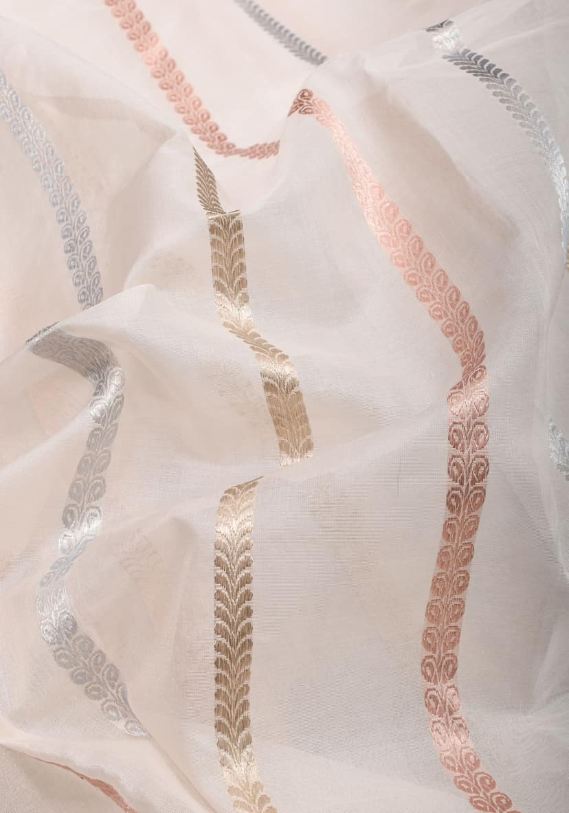 Exquisite Ivory Vertical Zari Stripes Banarasi Pure Silk Organza Saree With Meenakari Floral Border | SILK MARK CERTIFIED view 6