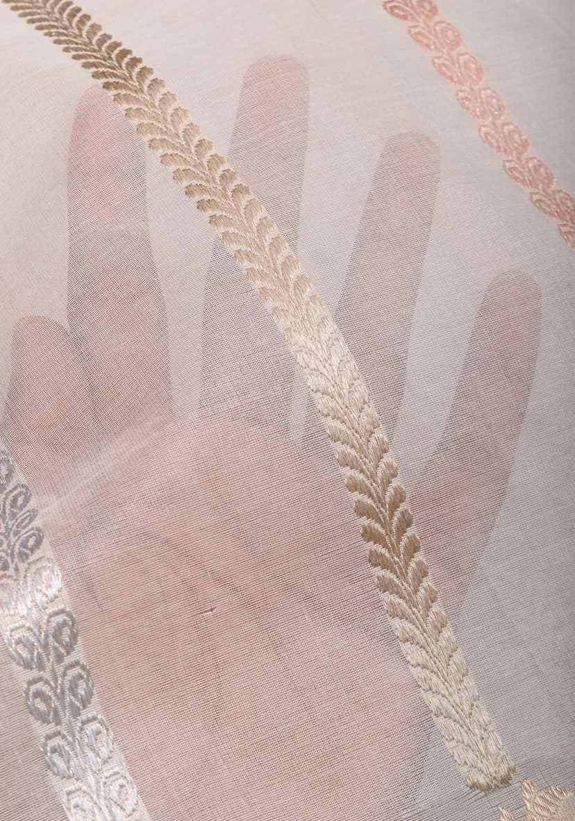 Exquisite Ivory Vertical Zari Stripes Banarasi Pure Silk Organza Saree With Meenakari Floral Border | SILK MARK CERTIFIED view 8