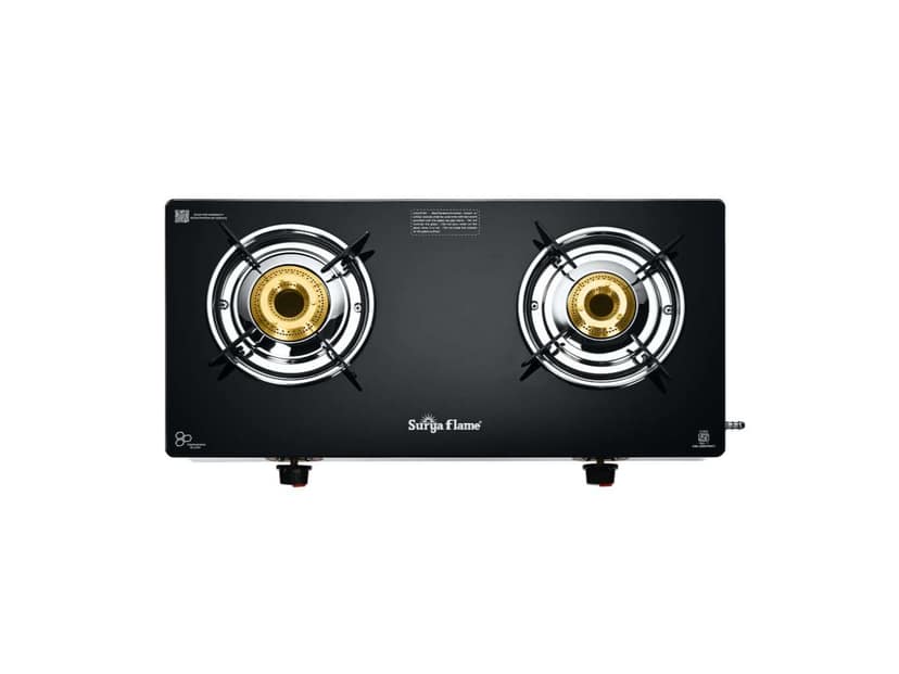 Surya Flame Lotus Gas Stove 2 Burner with Glass Top, Brass Burners, 69%+ Thermal Efficiency & Toughened Glass, 2 Years Warranty & Doorstep Service across India - Black view 2