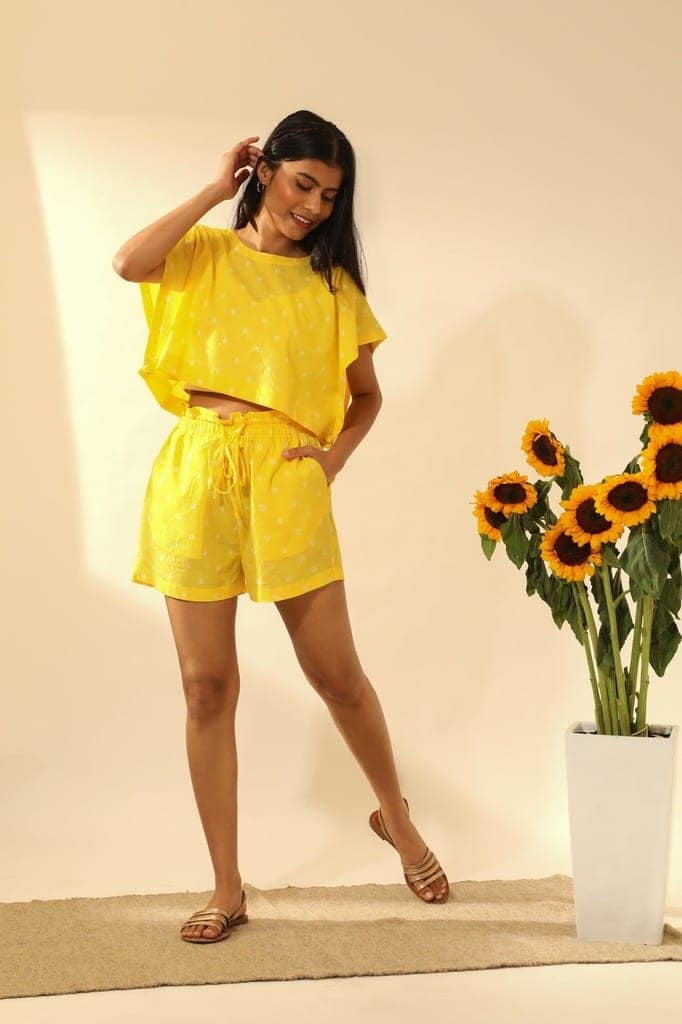 Bandhani Side Open Crop Top In Electric Yellow view 2