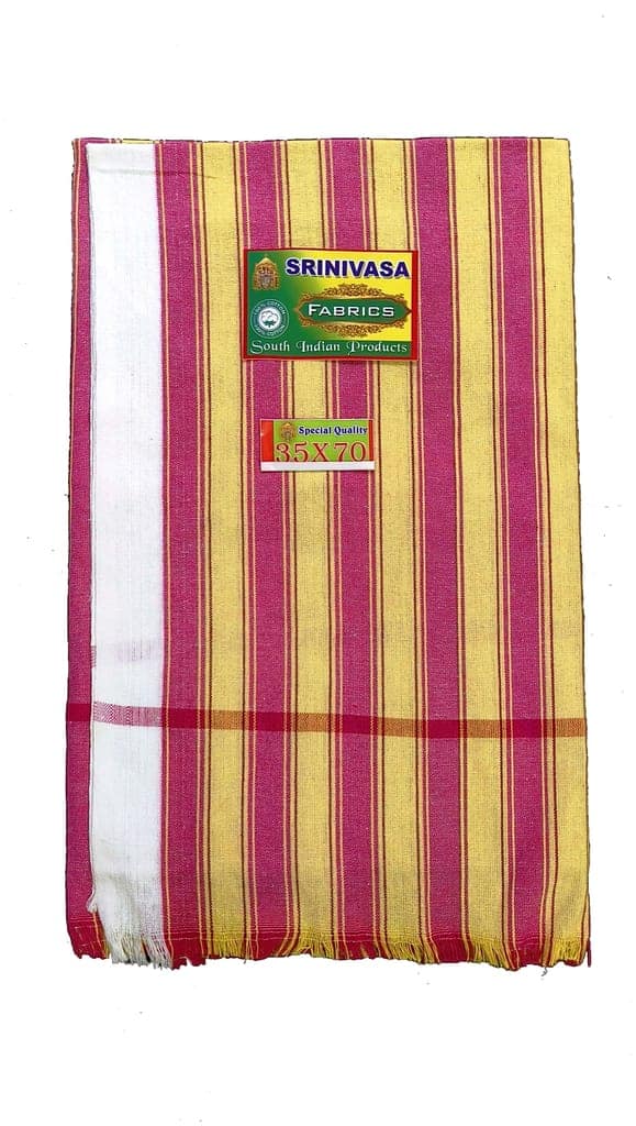 Srinivasa Fabrics Premium South Indian Cotton Towel – 35 x 70 Inches (Yellow & Pink Stripes) view 3