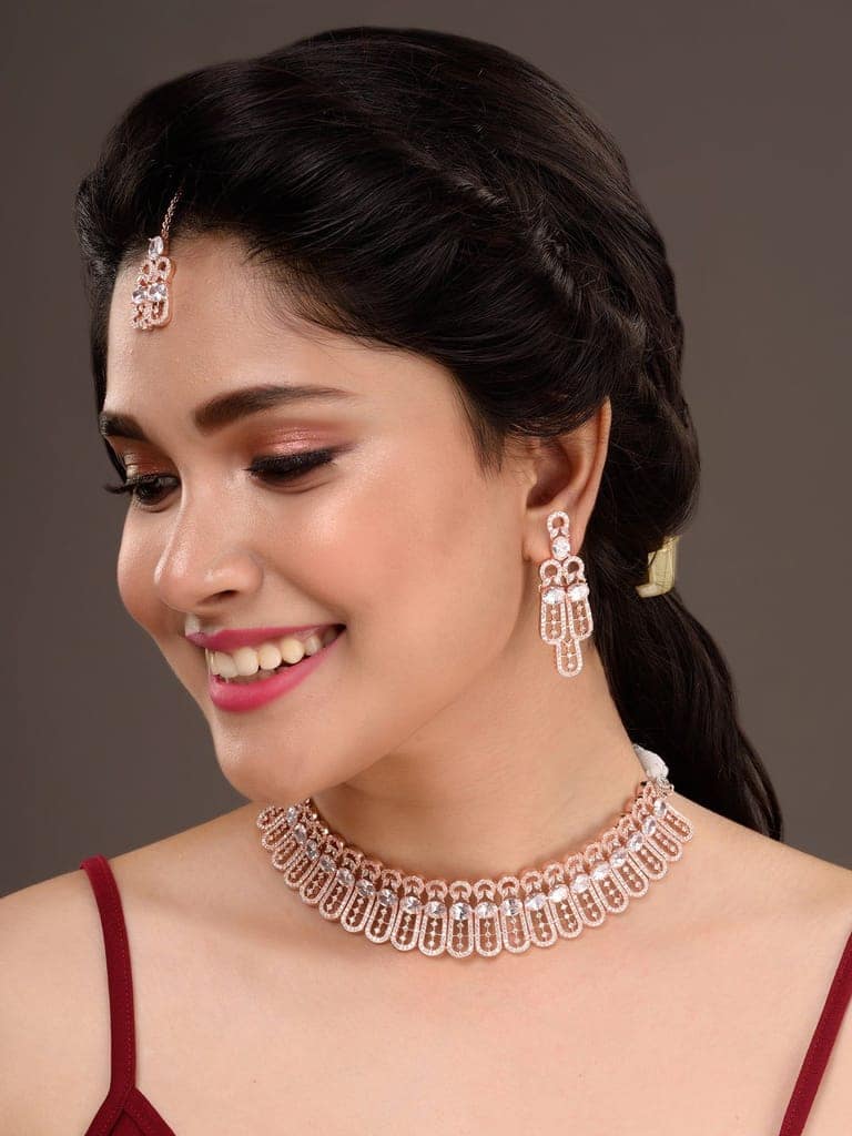 Rose Gold Plated White AD Studded Designer Choker Jewellery Set Mang Tika view 2