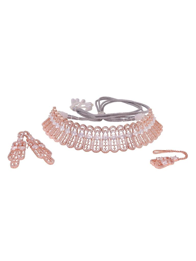 Rose Gold Plated White AD Studded Designer Choker Jewellery Set Mang Tika view 3