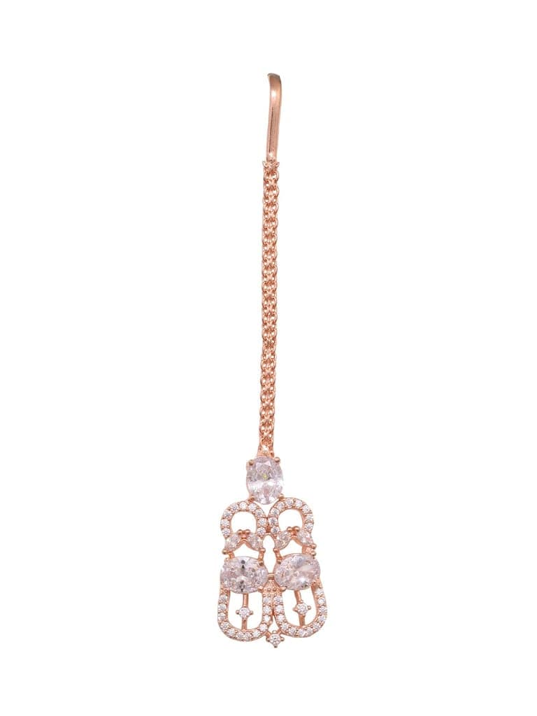 Rose Gold Plated White AD Studded Designer Choker Jewellery Set Mang Tika view 6