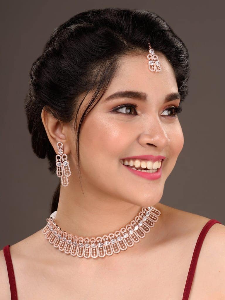 Rose Gold Plated White AD Studded Designer Choker Jewellery Set Mang Tika view 8