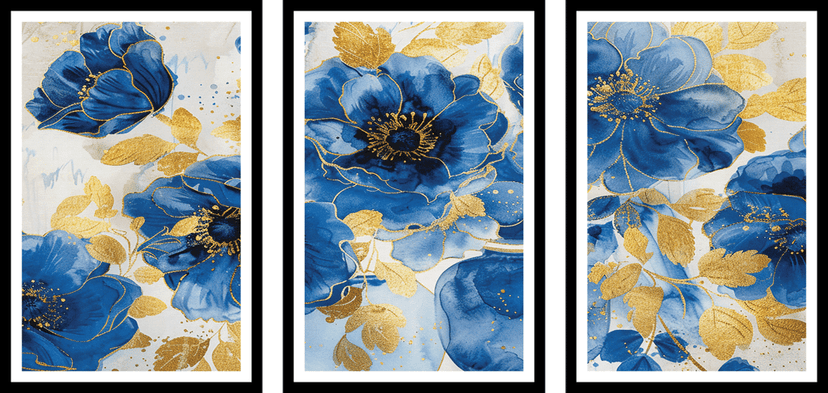 SET OF 3 BLUE AND GOLD WALLART 48in X 24in WITH BLACK FRAME view 2
