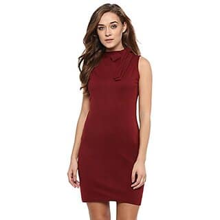 Miss Chase Womens Maroon Solid Sleeveless Round Neck Mini Bodycon Dress