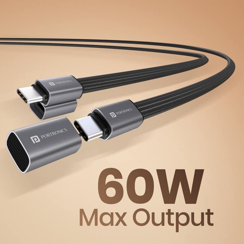 Portronics Safelink 60W Type-C Fast Charging Cable with Magnetic Cover, Flat Braided Cable, 60W Max Output, Flat Braided Cable, 1.2M Cable Length - Black view 2