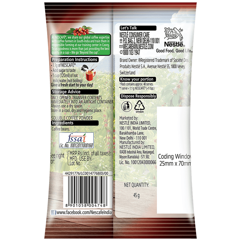 Nescafe Classic 100% Pure Instant Coffee, 45 G Pouch view 2