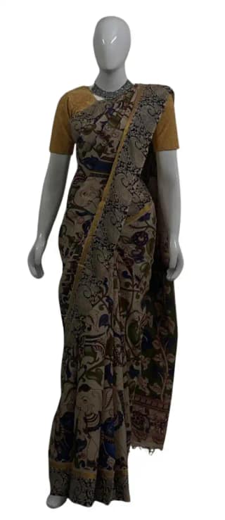 Kalamkari Mangalgiri Silk Cotton Saree Cream Multicolor
