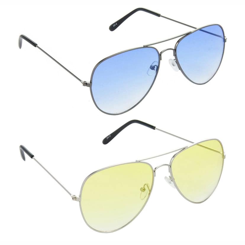 HRINKAR Men Women Boys & Girls Pilot & Rectangular Sunglasses Grey & Silver Frame, Blue & Yellow Lens (Medium) Pack of - 2