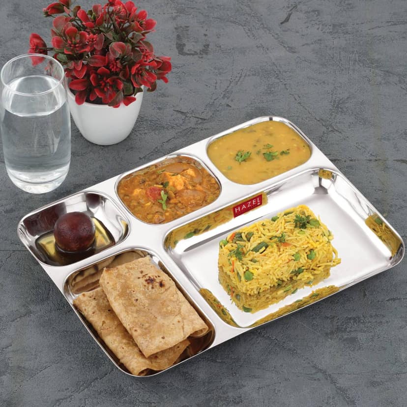 HAZEL Stainless Steel 5 Compartment Section Plate , Divided Meal Tray for Kids & Adults , All-in-One Thali for Lunch, Dinner & Serving
