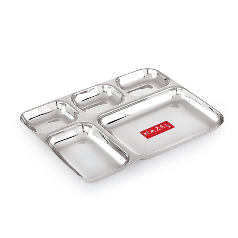 HAZEL Stainless Steel 5 Compartment Section Plate , Divided Meal Tray for Kids & Adults , All-in-One Thali for Lunch, Dinner & Serving view 2