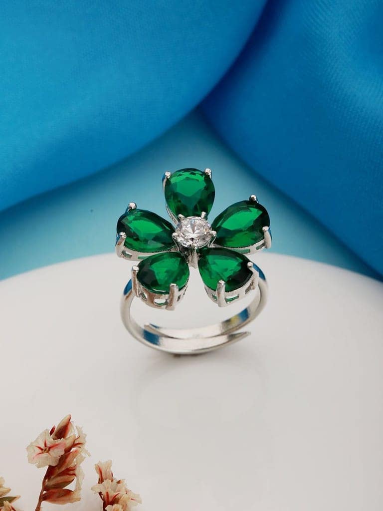 Silver Plated Green Emerald Zircon Minimal Floral Ring view 2
