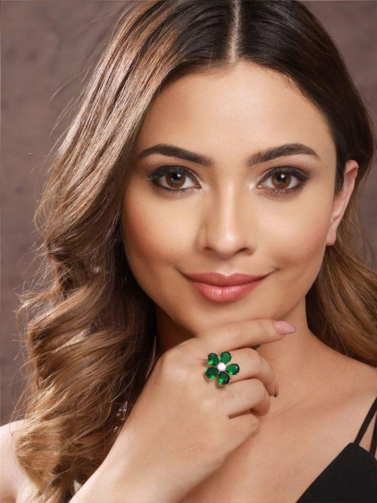 Silver Plated Green Emerald Zircon Minimal Floral Ring view 3