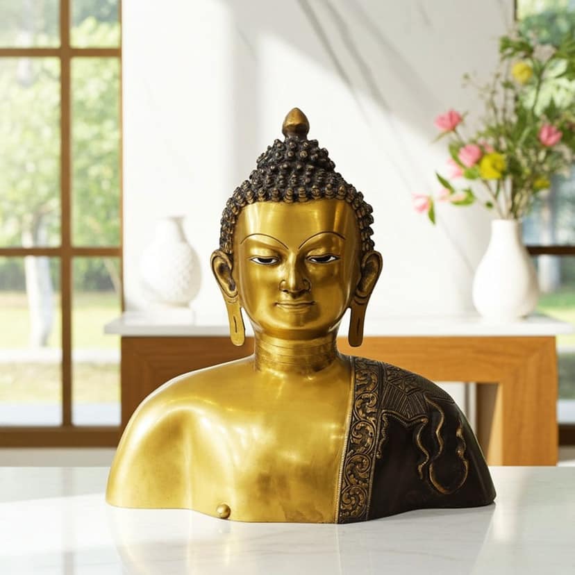 Brass Buddha Head Idol - Spiritual Home Decor Statue, Height : 17 Inch (BSMAS789 D)