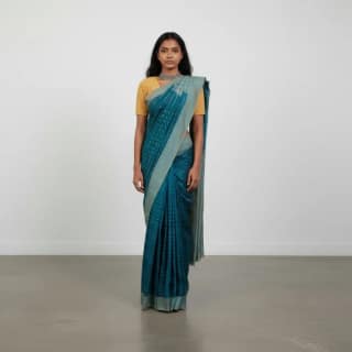 Teal Blue Pochampally Double Ikat Cotton Saree with Temple Border