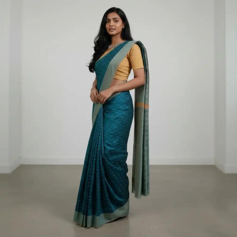 Teal Blue Pochampally Double Ikat Cotton Saree with Temple Border view 2