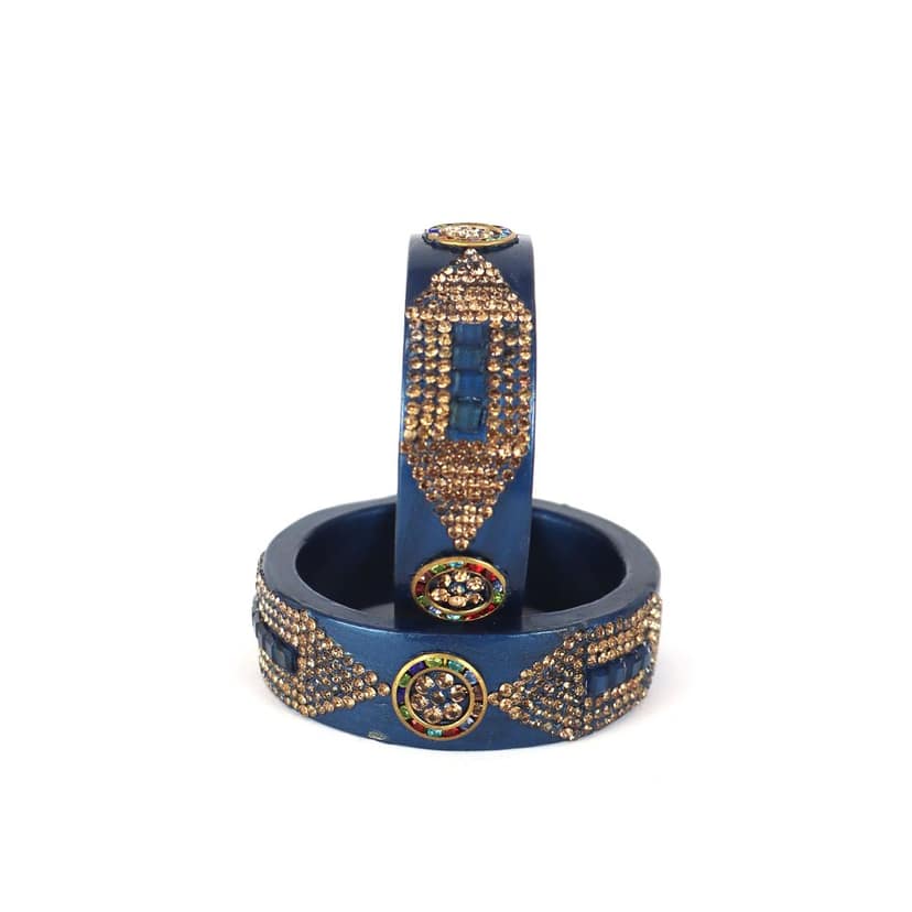 FHS Crystal Work Rajasthani Lac Bangles - Blue (piece 2) view 4