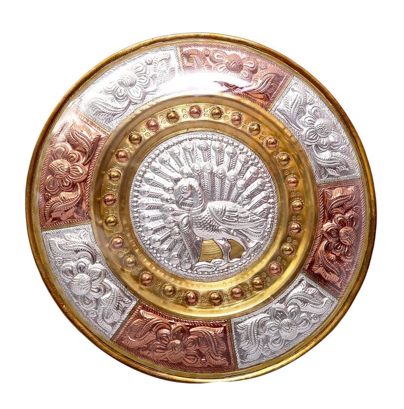 POOMPUHAR Handmade Brass Thanjavur Art Plate with Wall Hanging (25 cm)