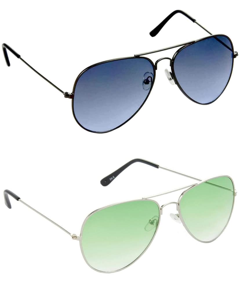 HRINKAR Men Pilot Sunglasses Grey & Silver Frame, Blue & Green Lens (Medium) - Pack of 2