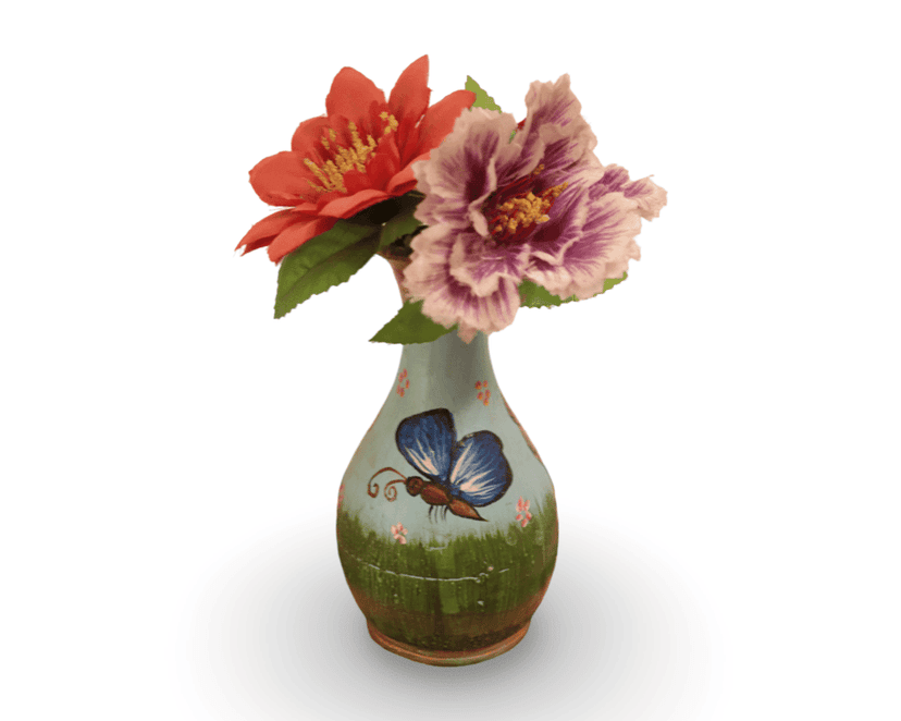 Hand painted ceramic flower vase with butterfly and floral design