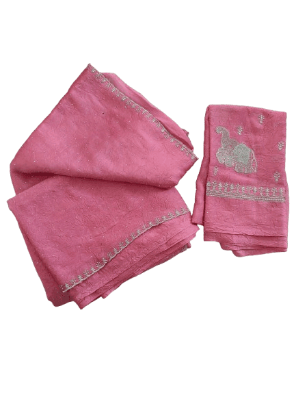 Pink Hand Embroidered Chiffon Saree with Silver Rhinestones and Matching Blouse Piece view 4