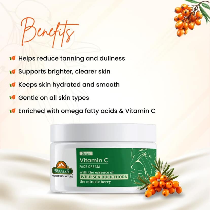 Biosash Vitamin C Face Cream 50g | Skin Brightening & Hydrating Moisturizer with Sea Buckthorn Oil, Vitamin E & Natural Extracts | Nourishing, Anti-Aging Facial Cream for Radiant, Healthy-Looking Skin view 5