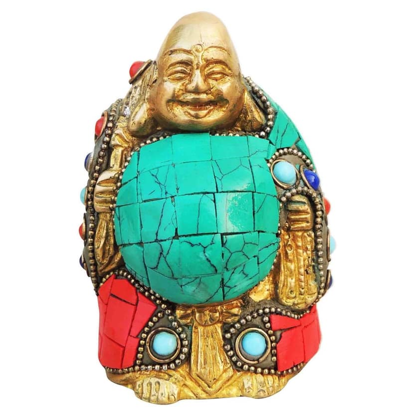 Brass Laughing Buddha Turquoise Stone Statue - Premium Decor Piece, Height : 3.8 Inch (BSMAS325 C) view 2