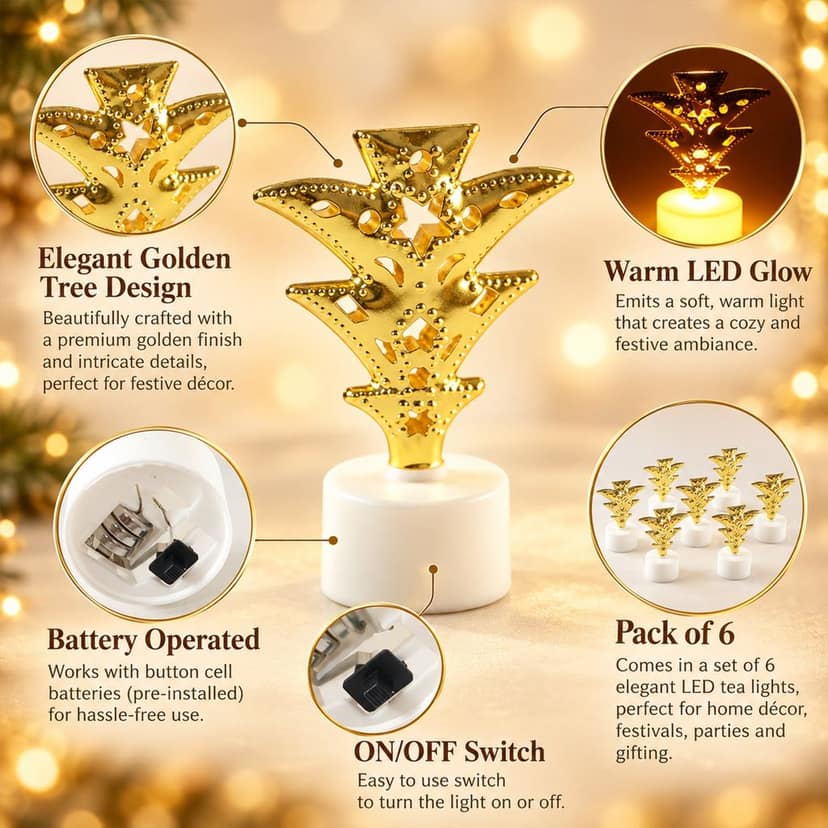 Golden Tree Flameless LED Tealight Candles for Festive Home Decor (6 Pc Set) view 2