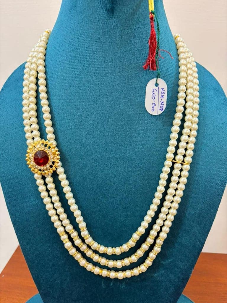 3 line white pearl necklace with red stone for grrom and party waer view 2