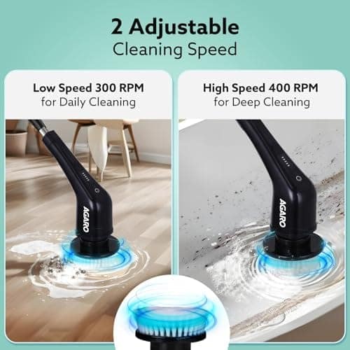 AGARO Royal Electric Spin Scrubber, Cleaning Brush Scrubber for Home, 400RPM/Mins - 8 Replaceable Brush Heads - 90Mins Work Time,3 Adjustable Size,2 Adjustable Speeds for Bathroom,Glass, Car, Black view 3
