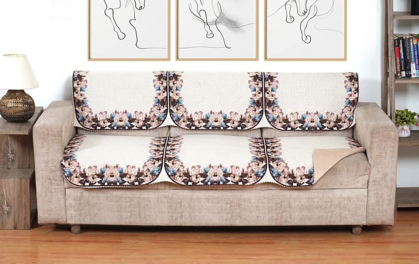 Fabricasa Modern Quilted Reversible Velvet Sofa Cover- Beige 5 Seater view 2