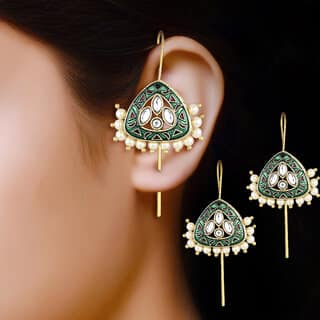Vivastri Enamelled Polki Kundan Gold Plated Pearl Alloy Ear cuff,Cuff Earrings for Women & Girls - VIVA2817ERG view 2