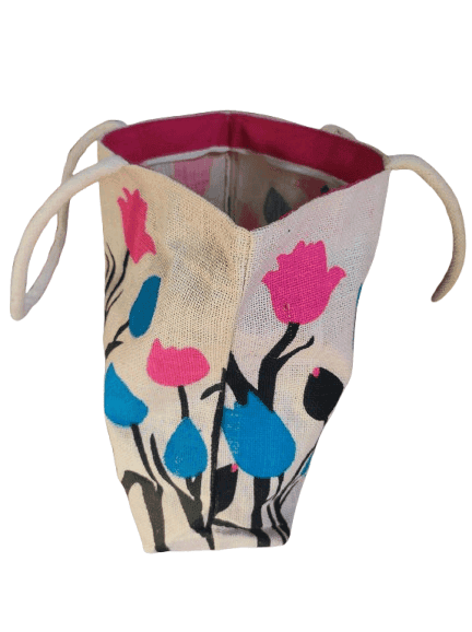 Hand-painted Jute Tote Bag with Colorful Floral Design view 3