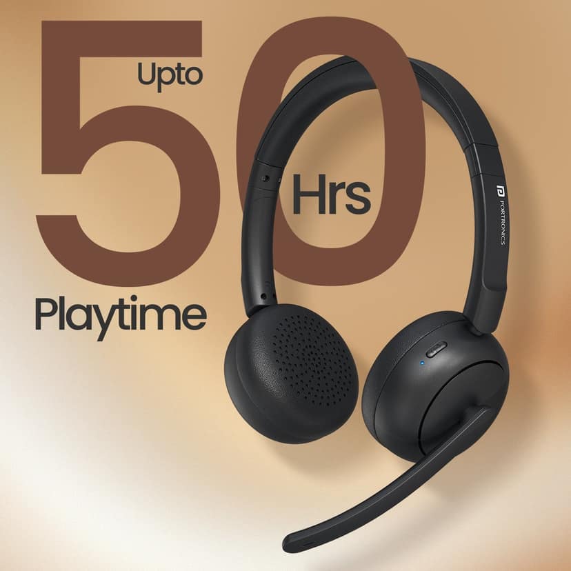 Portronics Muffs A3 Upto 50 Hours Playtime, Bluetooth Version 6.0, Adjustable Headband, Type C Fast Charging - Black view 2