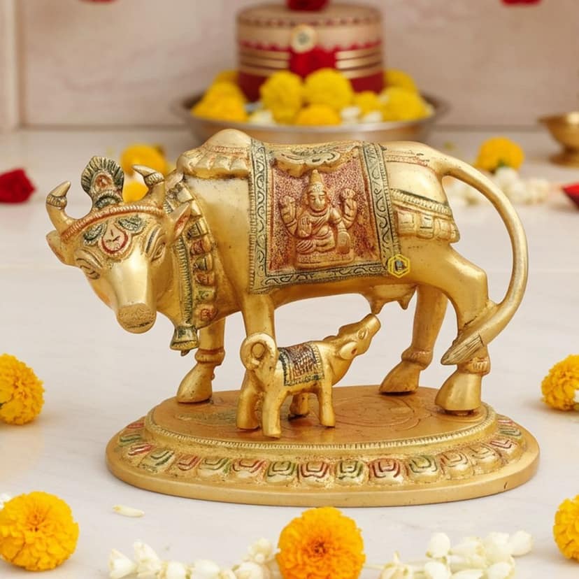 Brass Cow & Calf Statue - Holy Indian Art Decor, Height : 4.8 Inch (BSMAS1014 A)