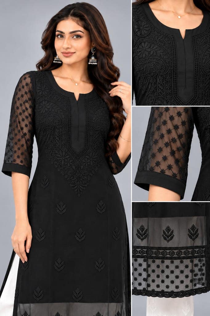 Handcrafted Lucknowi Chikankari Embroidered Fox Georgette Long Kurta with Sheer Floral Sleeves, Back Embroidery & Decorative Lace Border, 46 Inch Length view 2
