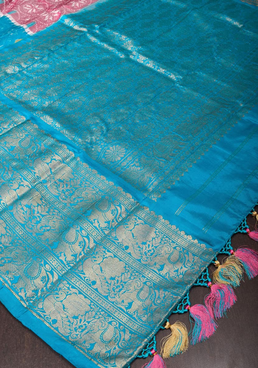 Ikkat Kanjivaram Fusion Silk Saree with wide zari borders and zari pallu | SILK MARK CERTIFIED view 6